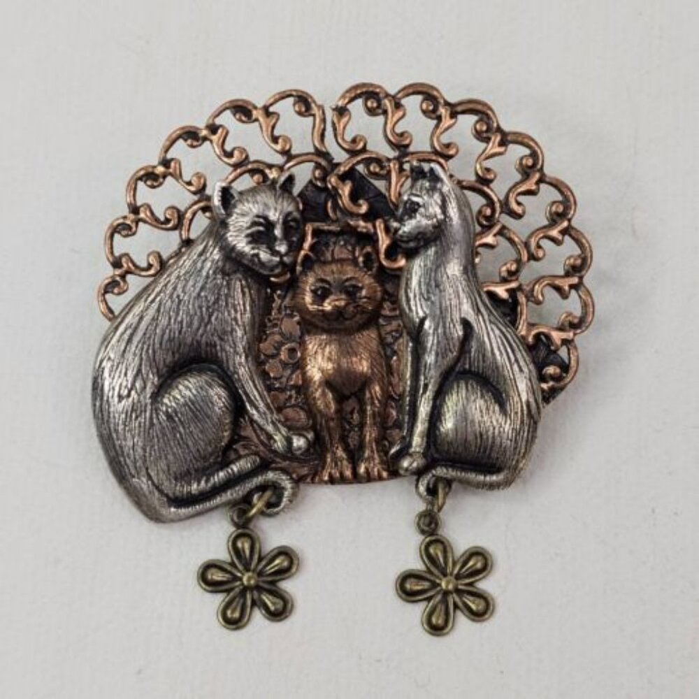 Vintage Bronze Silver Tone Cats Brooch Unmarked Pin